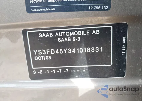 2004 Saab 9-3 Arc z USA, uszkodzony, nr VIN YS3FD45Y341018831